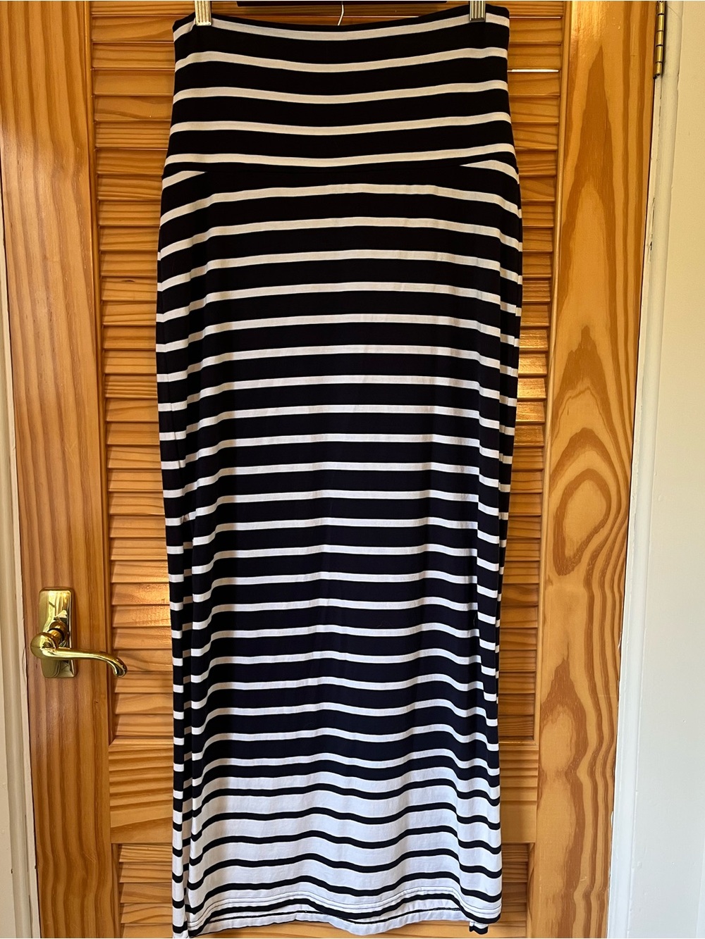 Athleta Navy and White Striped Seaside Foldover Maxi Skirt with Leg Slit